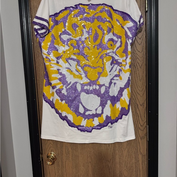 QUEEN OF SPARKLES White Dress with Purple and Yellow Tiger Design - Picture 2 of 2